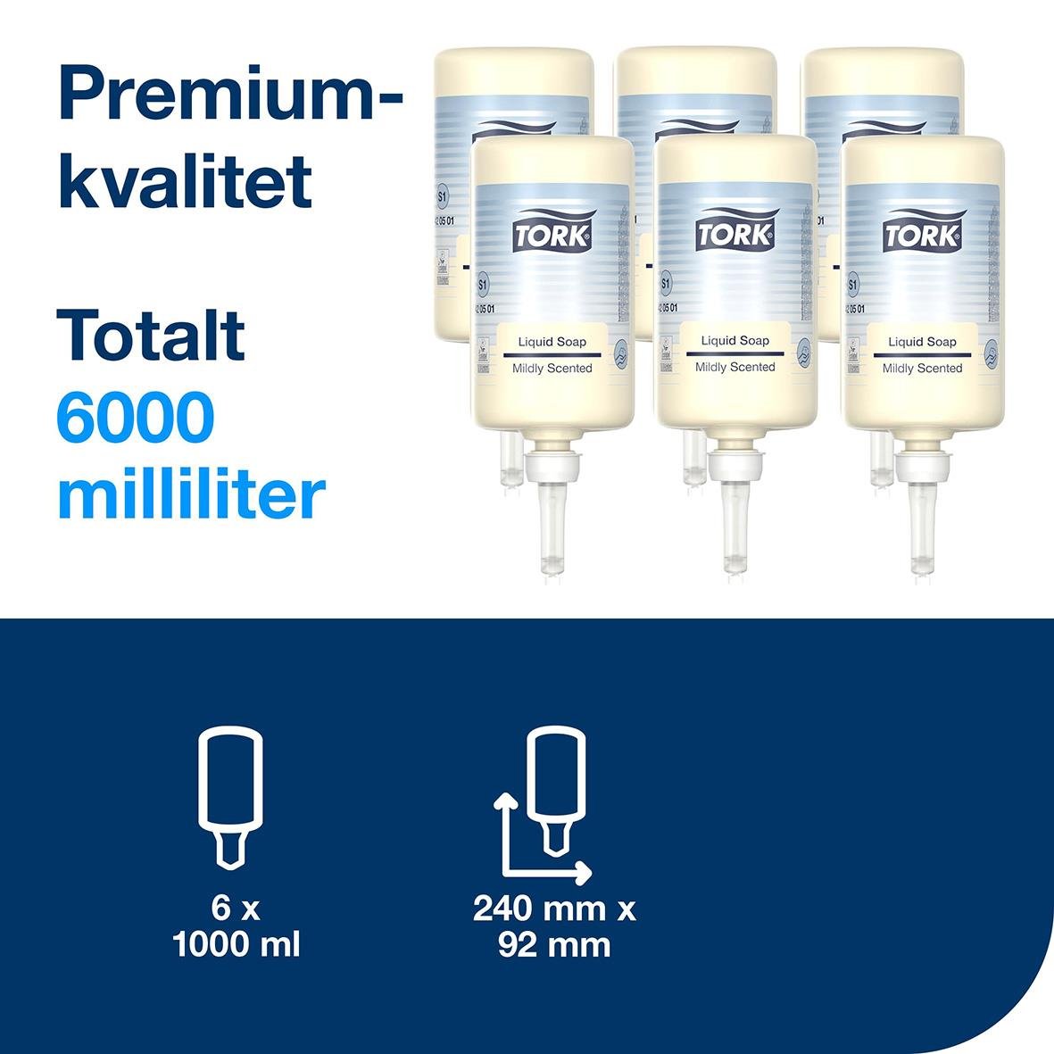 Flytande tvål Tork S1 Premium Mild 1L, 6 flaskor, totalt 6000 ml, med ikon för dispenser och mått
