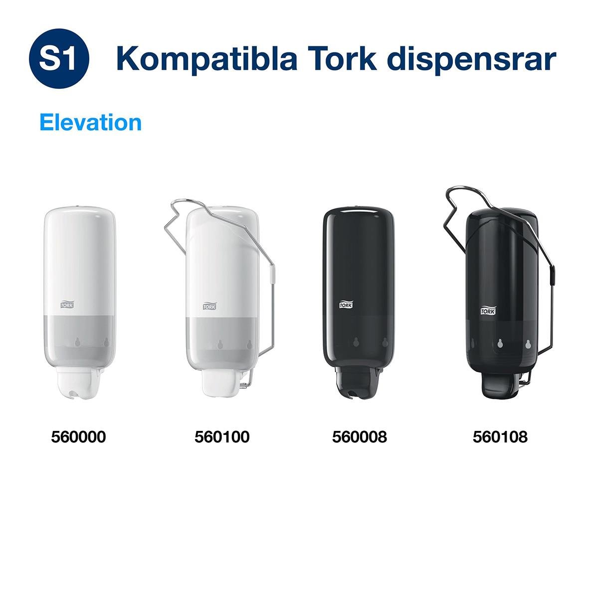 Flytande tvål Tork S1 Premium Mild 1L i vit, vit, svart och svart dispenser