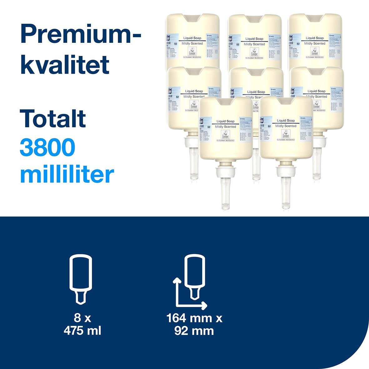 Flytande tvål Tork S2 Premium 475ml, 8 enheter, total 3800 ml, bild av tvålbehållare och kapacitet