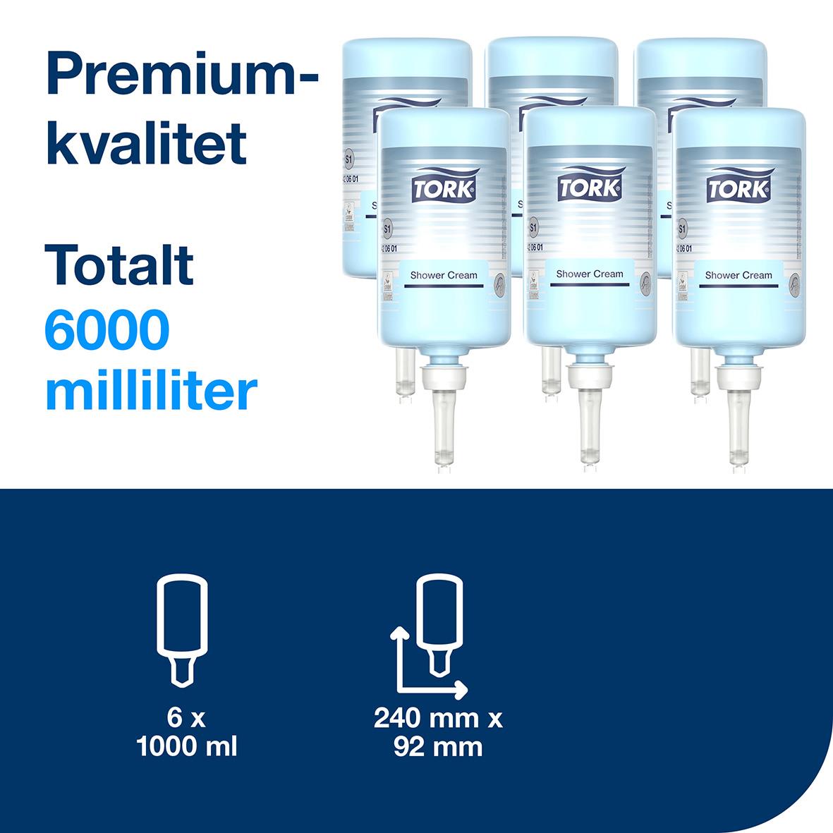 Parfymerad schampo/dusch Tork S1, 1 liter, 6 flaskor, 6000 ml totalt, med ikon för spraymunstycke