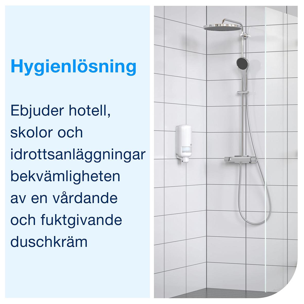 Schampo/Dusch Tork S1 Parfymerad 1L i dusch med vita väggar och duschhuvud