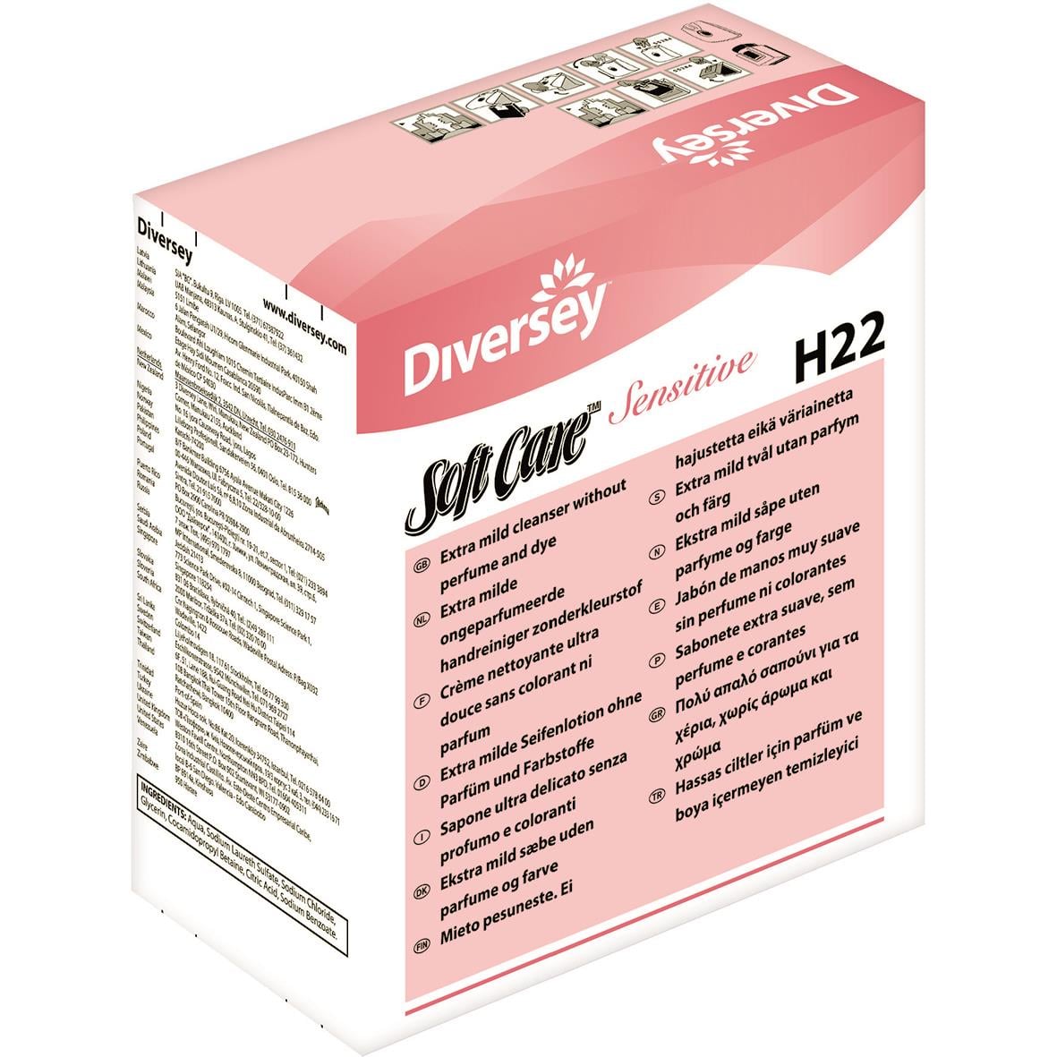 Diversey Soft Care H22 Sensitive flytande tvål i rosa förpackning med text och bilder
