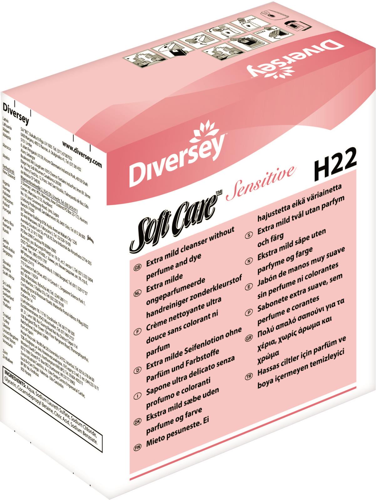 Diversey Soft Care H22 Sensitive flytande tvål i rosa förpackning