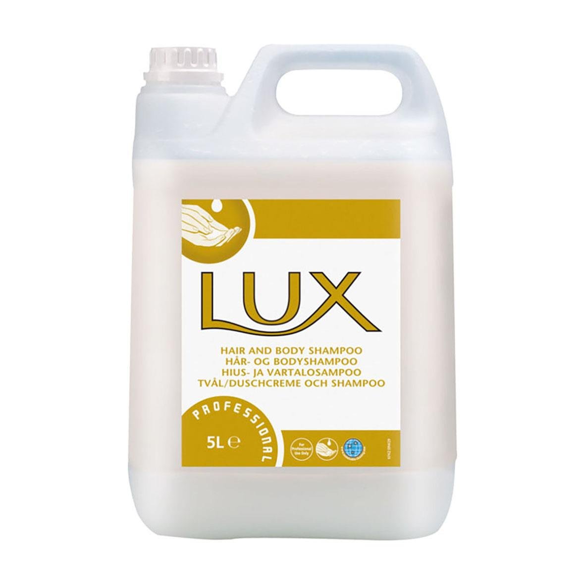 Stor vit plastflaska med guldfärgad etikett för Lux professionellt schampo och duschcreme, 5 liter