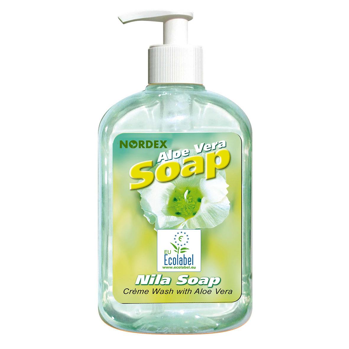 Flytande tvål Nila Aloe Vera pumpflaska 500ml med grön och vit etikett