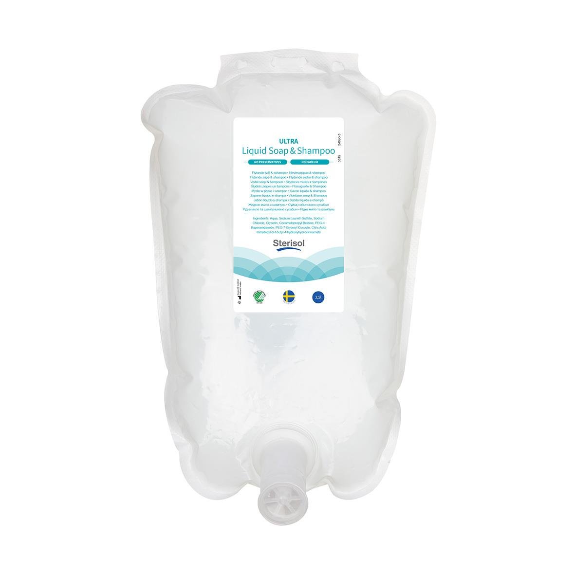 Flytande tvål och schampo Sterisol Ultra Oparfymerad 2,5L i vit och blå förpackning
