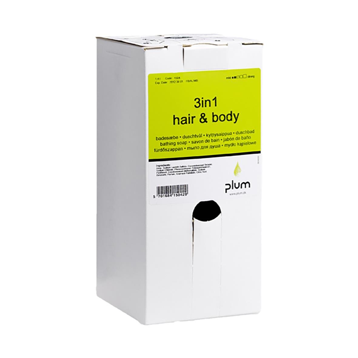 Flytande tvål Plum Hair&Body 3i1 1,4L i vit förpackning med grönt och svart text
