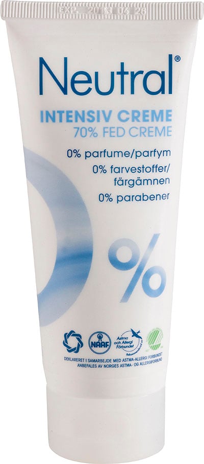 Neutral intensiv hudkräm i 100ml tub, oparfymerad och fri från färgämnen, parabener och parfym