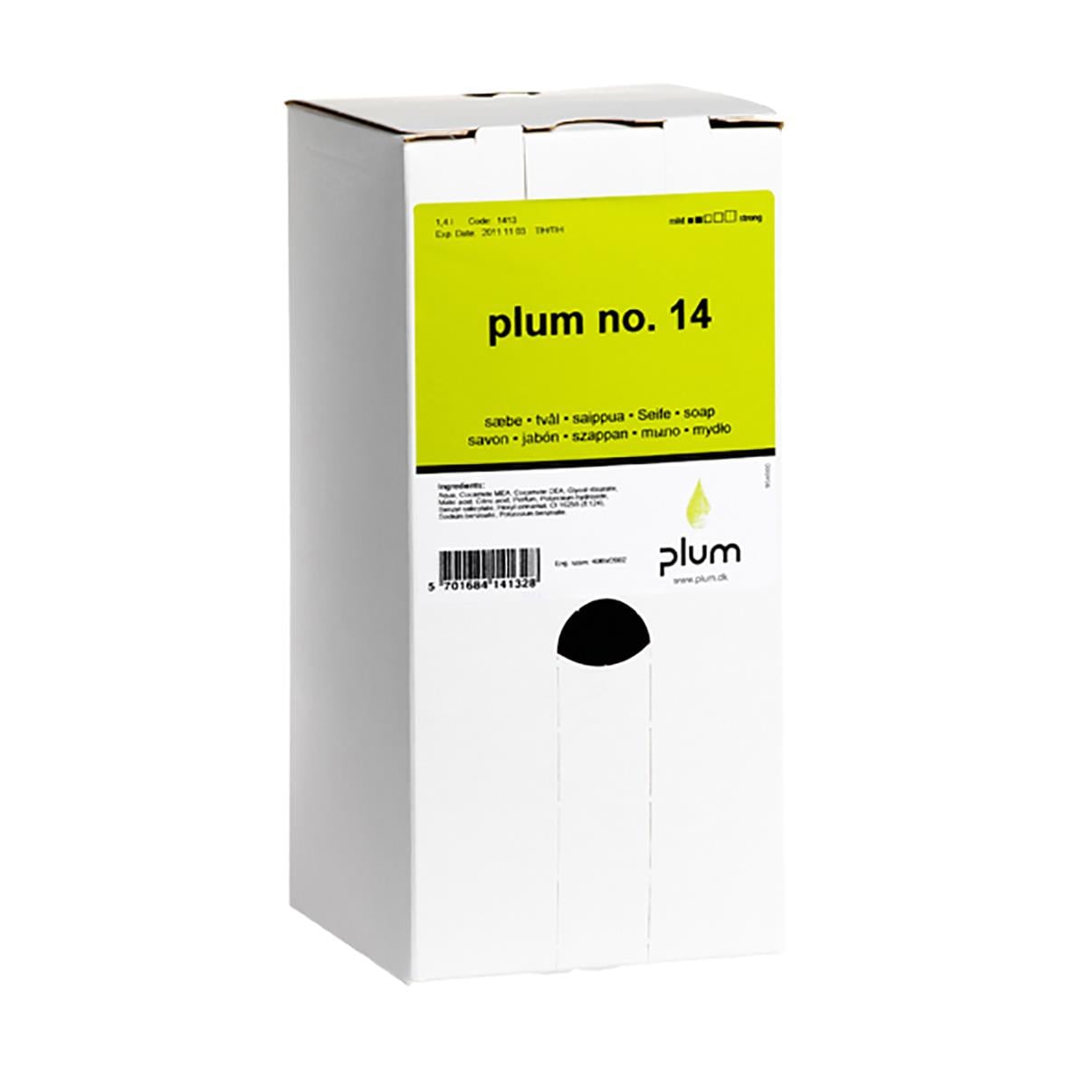 Flytande handtvål Plum No 14 i 1,4L för handtvätt i vit och grön förpackning