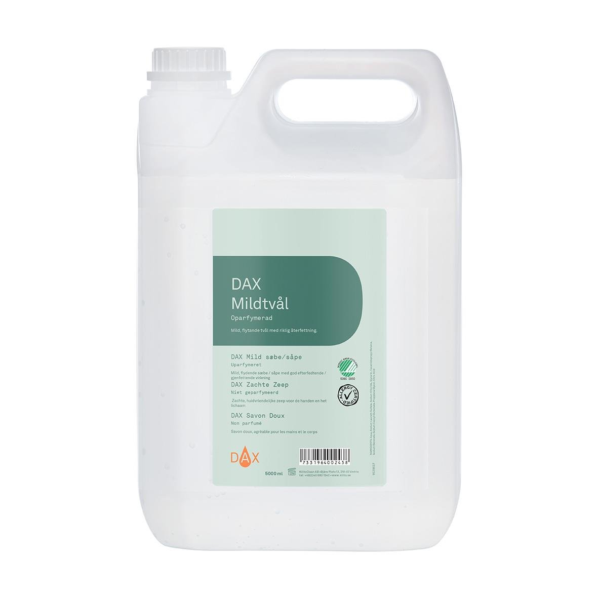 Stor vit flaska med flytande tvål DAX Mild Oparfymerad 5L