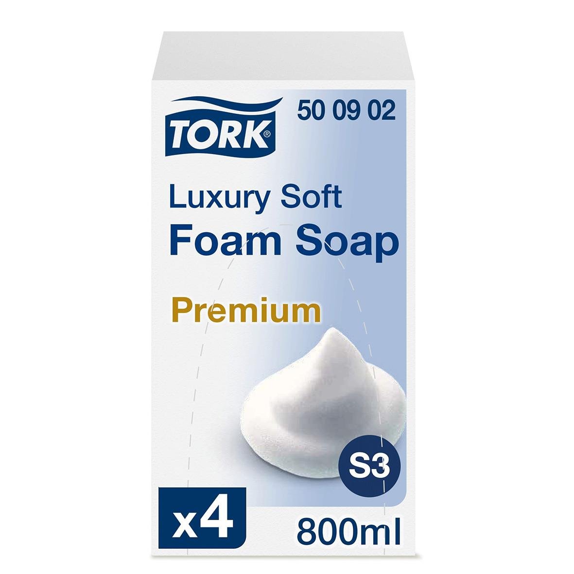 Tork Luxury Soft Foam Soap Premium 800ml för rengöring, förpackning med fyra flaskor