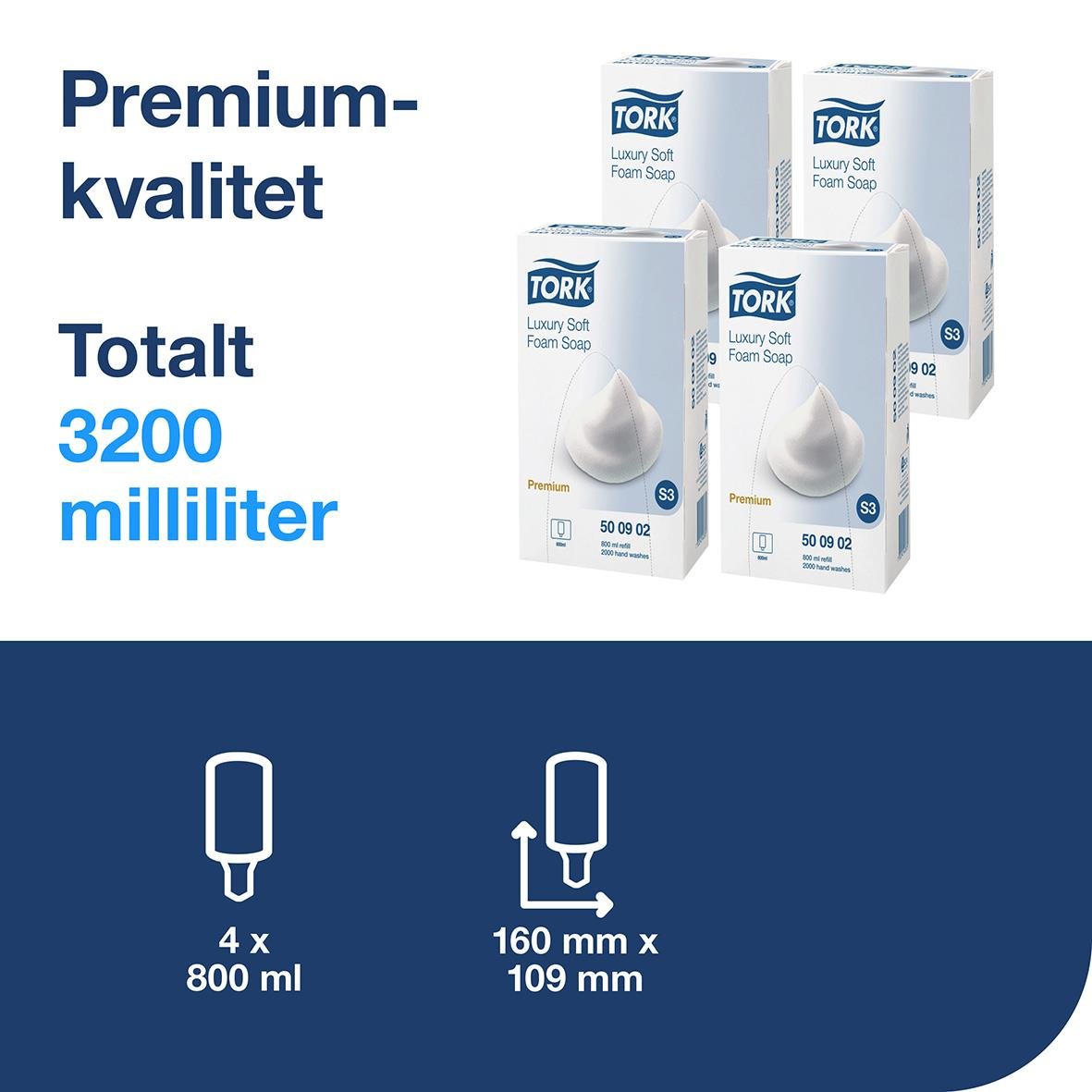 Tork exklusiv skumtvål i 800 ml för premiumkvalitet, totalt 3200 ml