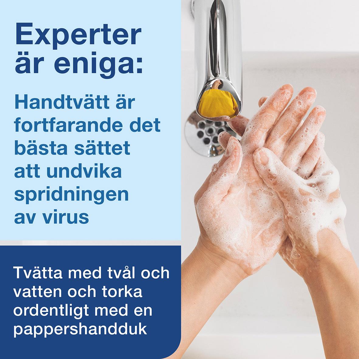 Handtvätt med skumtvål och vatten, handhygien för att undvika virus spridning