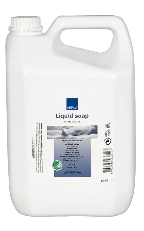 Stor vit plastflaska med handtvål Abena Parfym 5L, handtag och skruvkork