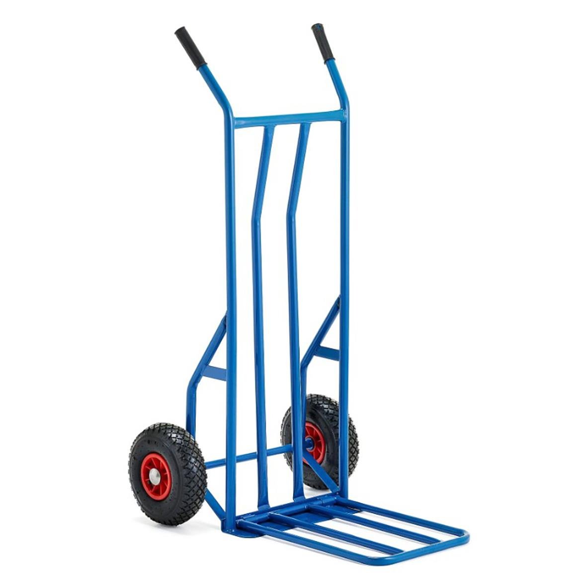 Blå paketkärra med luftgummihjul, max 250kg, vikt 12,4kg