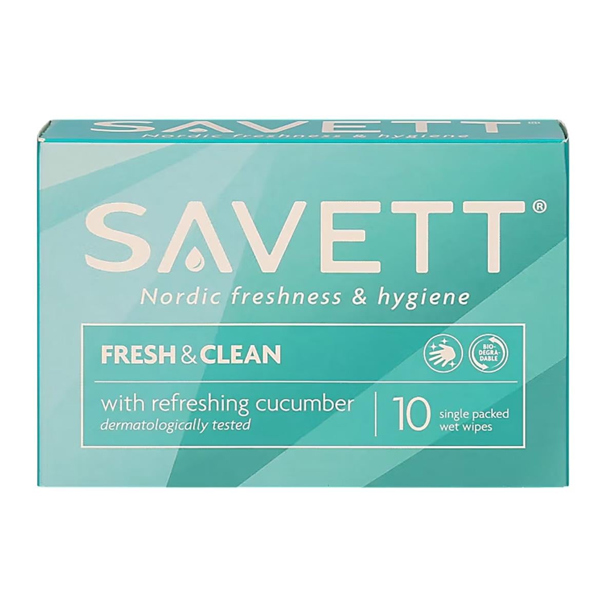 Våtservett Savett Fresh Styckpack med 10 våtservetter, med gurka, dermatologiskt testad, för renhet och friskhet