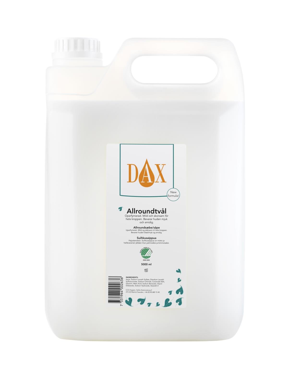 Flytande tvål DAX Allround Oparfymerad 5L i stor vit behållare med handtag