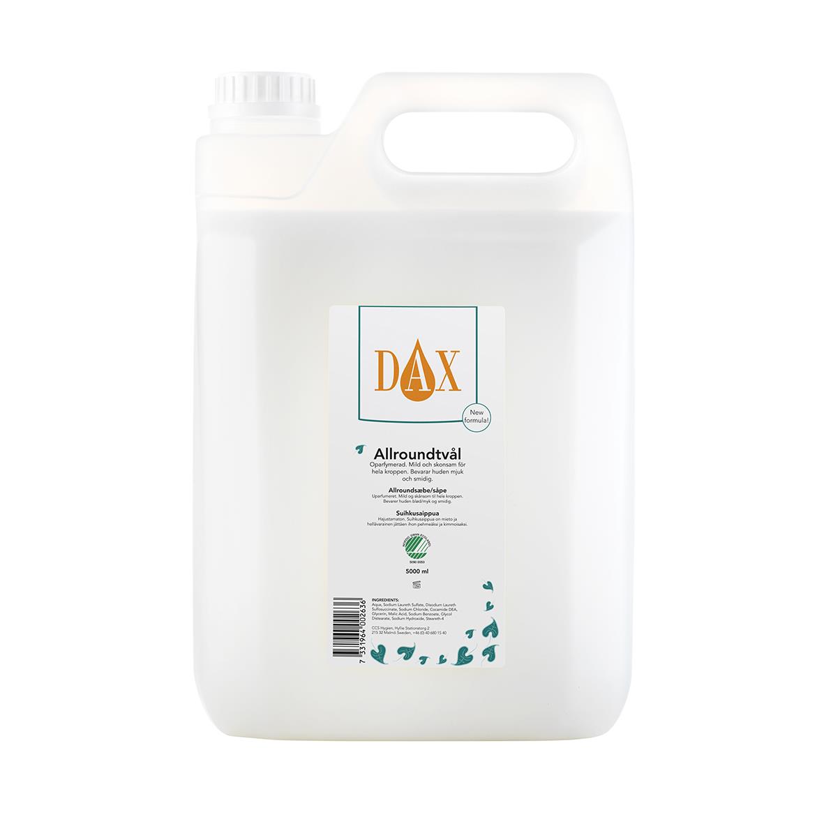 Flytande tvål DAX Allround Oparfymerad 5L i stor vit behållare med handtag