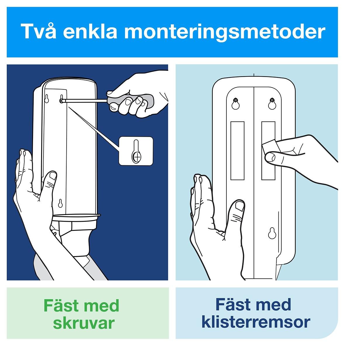Instruktioner för montering av Tork S4 skumdispenser i stål/svart, visar två metoder: med skruvar eller klisterremsor.