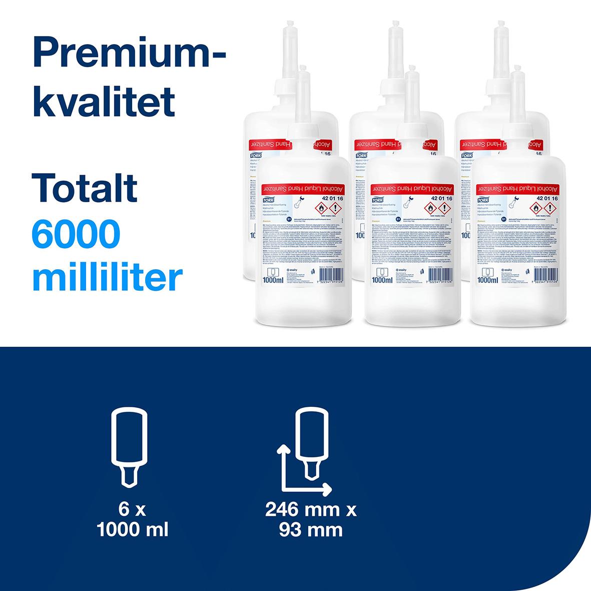 Tre flaskor handdesinfektion Tork S1 Flytande 80 1L med instruktioner för användning