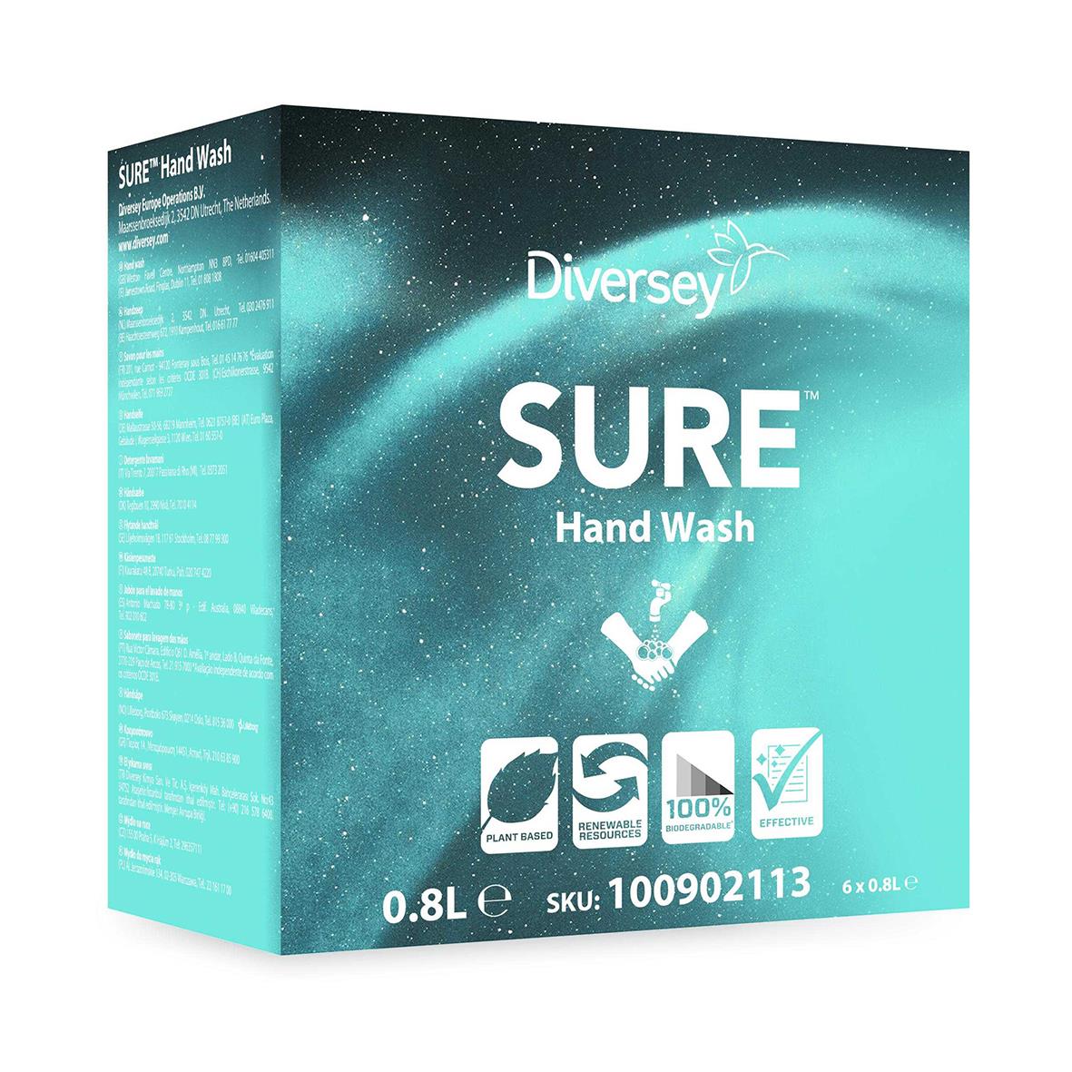 Flytande handtvål Diversey Sure Hand Wash Refill 800ml i blått förpackning
