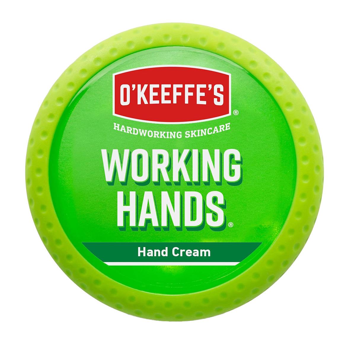 Grön rund burk med rött och vitt O Keeffe's Working Hands handkräm, 96g