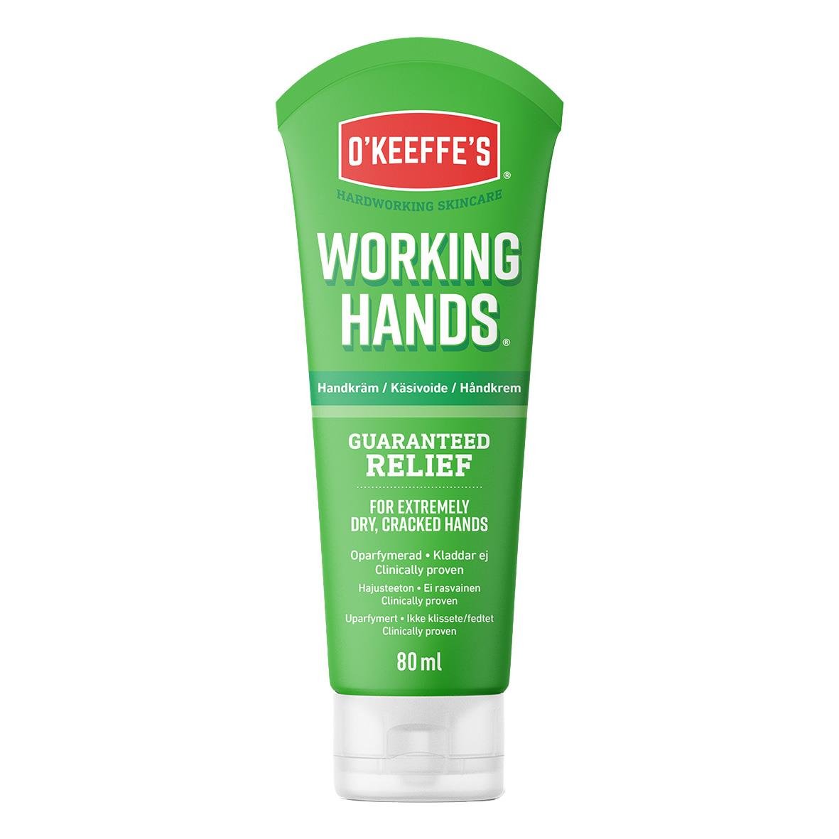 Grön tub av Handkräm O Keeffes Working Hands med 80ml volym och text om lindring för torra och spruckna händer.