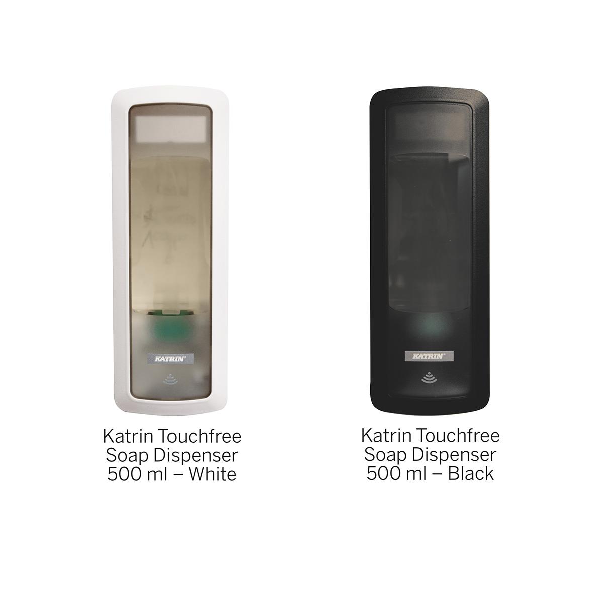Två Katrin Touchfree Pure Neutral skumtvål-dispenserar, en vit och en svart, 500 ml