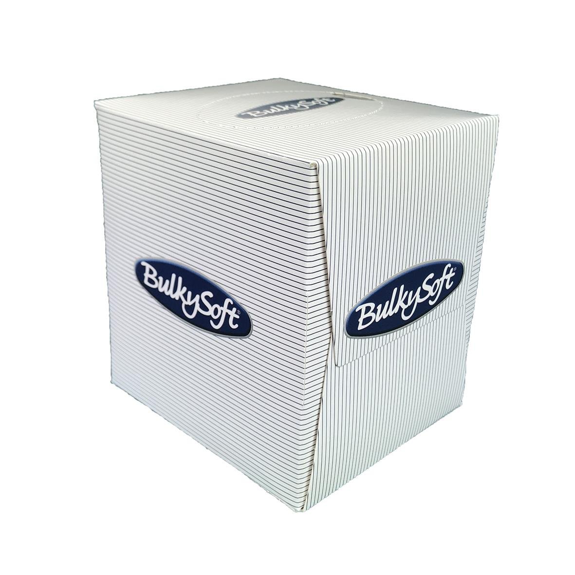 Kub med 80 ansiktsservetter från BulkySoft i vitt med blå logo