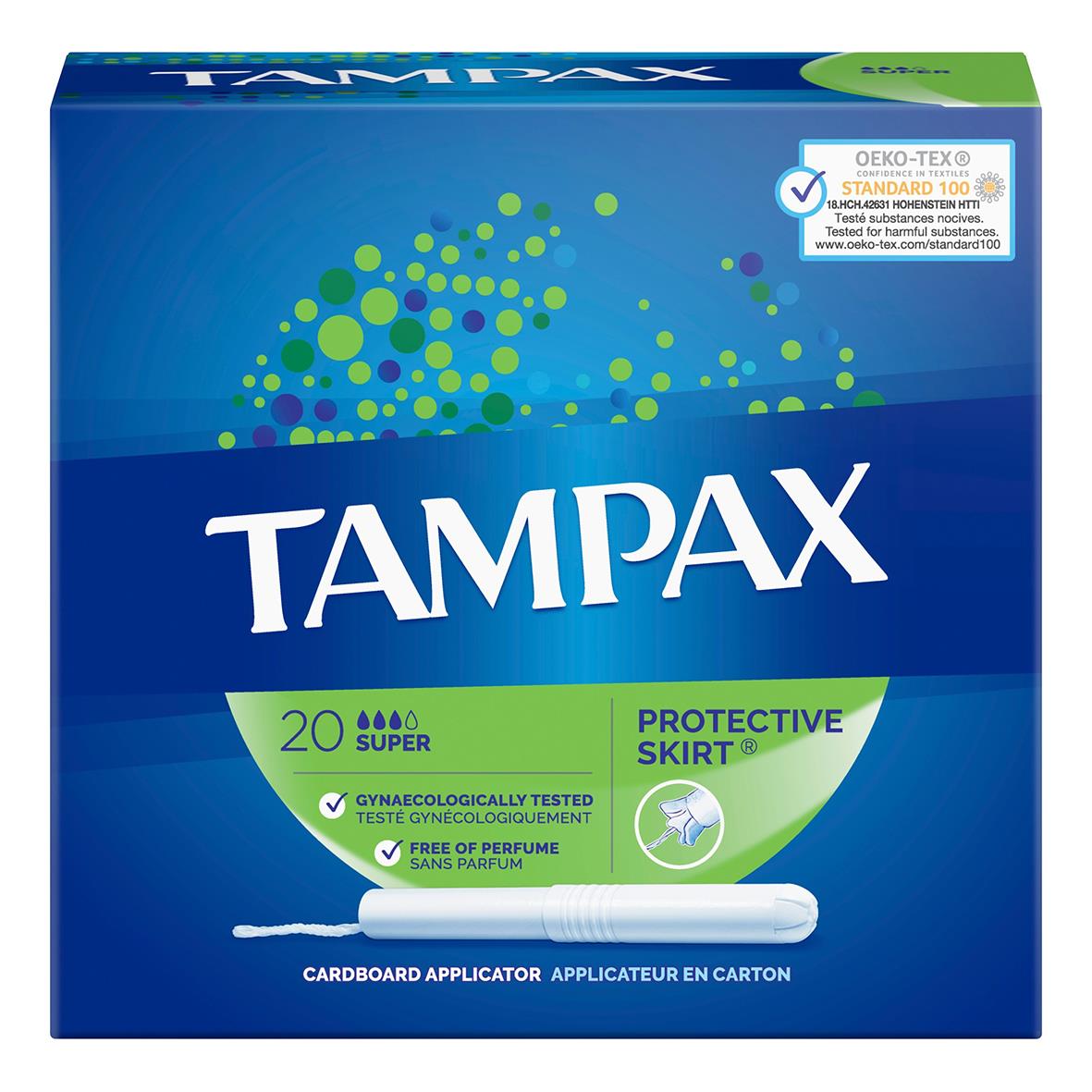 Tampax Super tamponger i blått för menstruation, förpackning med 20 stycken och skyddande skida