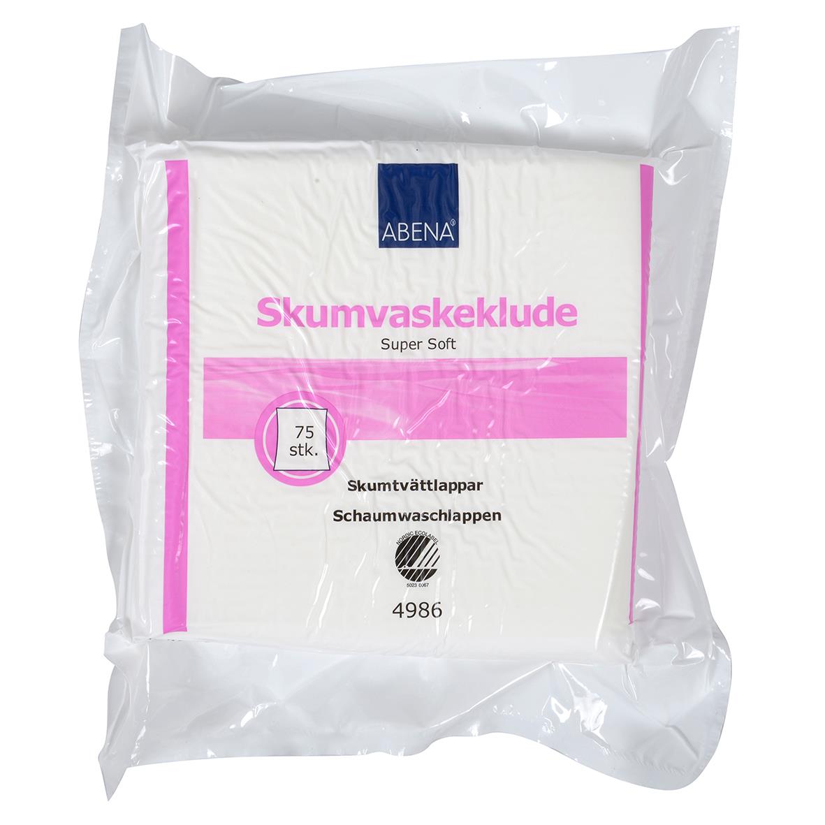 Pack med 75 rosa skumtvättlappar från Abena Super Soft, 19x19 cm