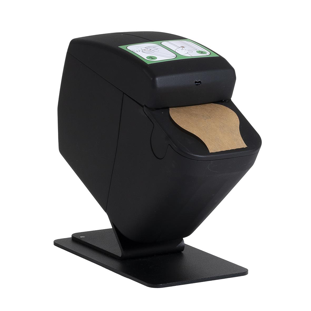 Svart dispenser för fingercover med automatisk funktion och bas för placering