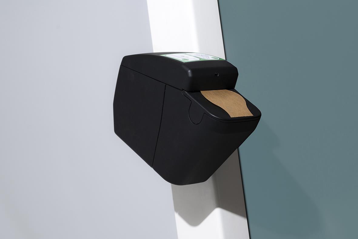 Svart vänsterfäste för pappersdispenser 112x83x76mm monterad på vägg