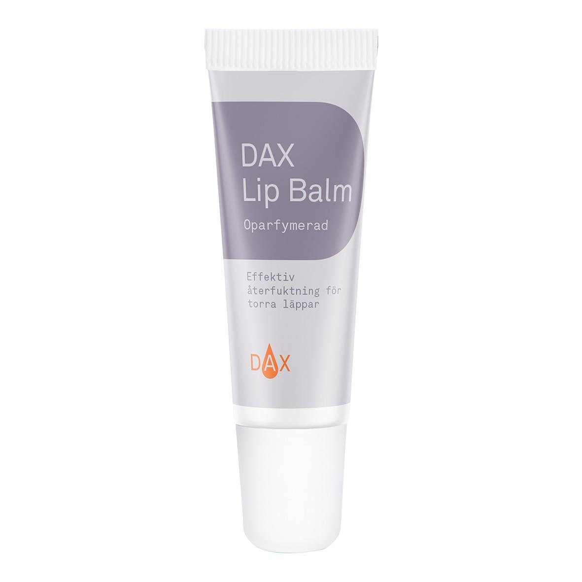 Oparfymerad läppbalsam från DAX i 10 ml tub, för torr och sprucken hud