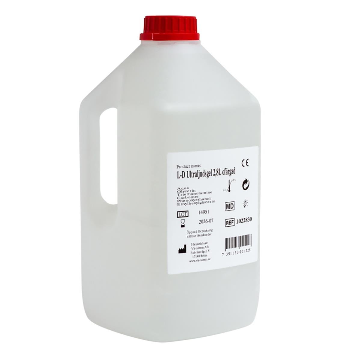 Ogenomskinlig stor plastflaska med rött lock och etikett som visar ultraljudsgel