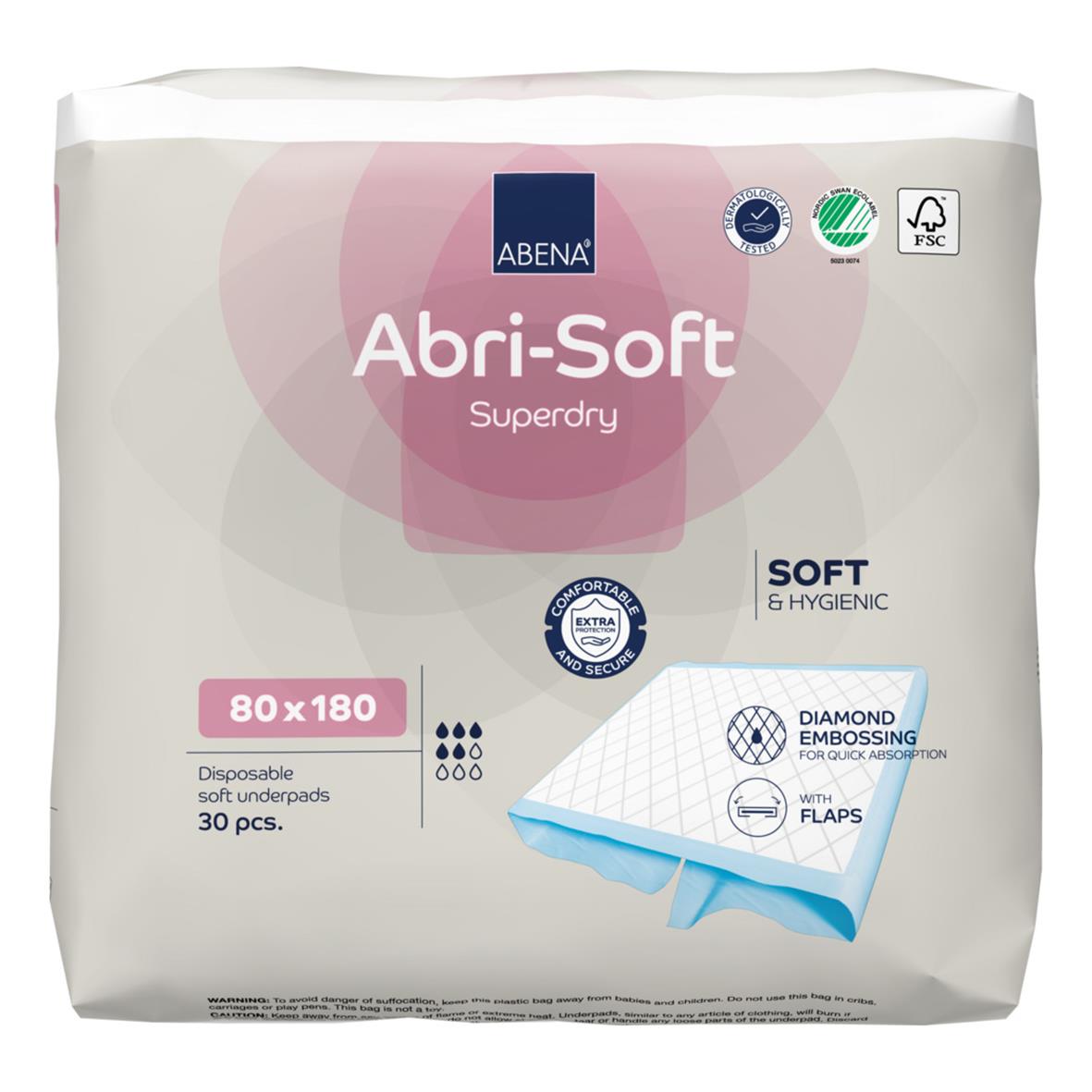 Förpackning med 30 engångsunderlägg Abena Abri-Soft Superdry 180x80cm, mjuka och hygieniska