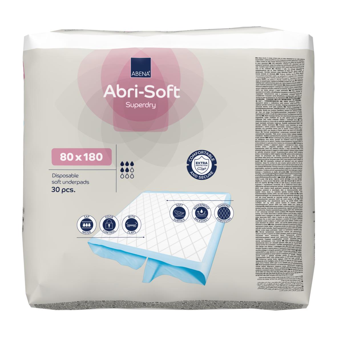 Förpackning med 30 engångsunderlägg Abena Abri-Soft Superdry 180x80cm i vitt och rosa design