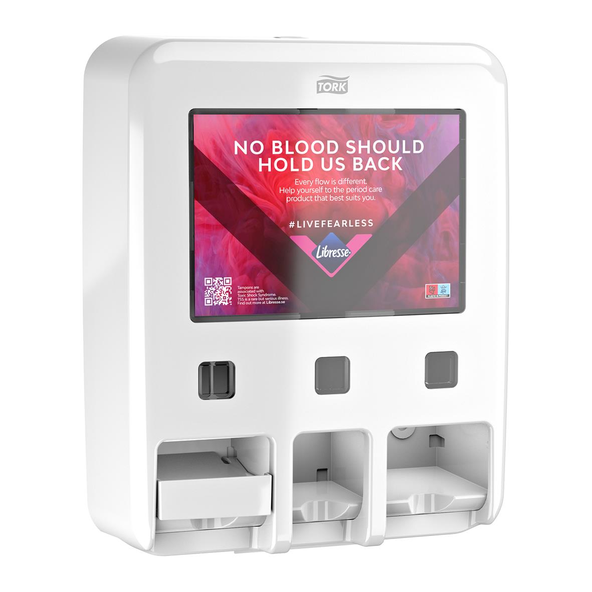 Vit dispenser för Tork Libresse mensskydd med digital skärm och olika fack för förvaring