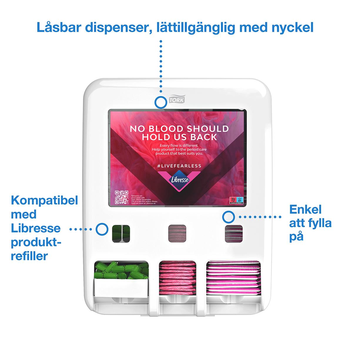 Väggmonterad dispenser för Libresse mensskydd med flera olika produkter