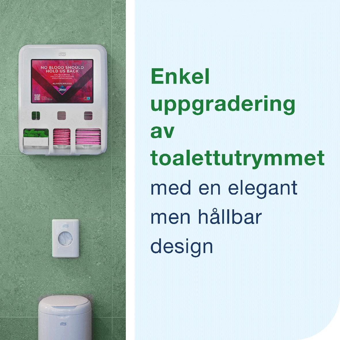 Dispenser Tork Libresse Period Care vit för hygien och välbefinnande i toalettutrymmet med olika skyddsalternativ