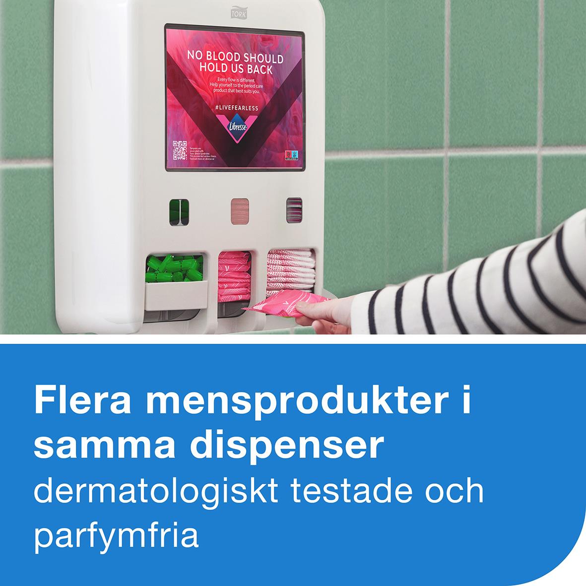 Tork Libresse mensskyddsdispensers och påfyllningar i vitt, inklusive bindor, trosskydd, tamponger och påfyllningar