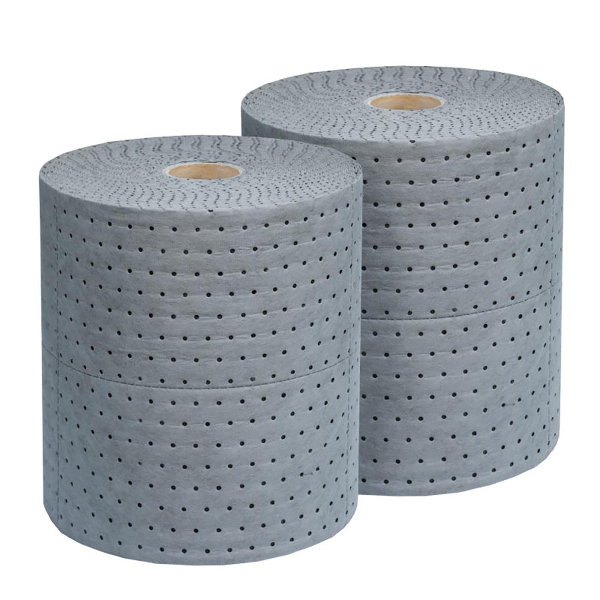 Två grå absorberande universella rullar med perforering, 390mm breda och 50m långa
