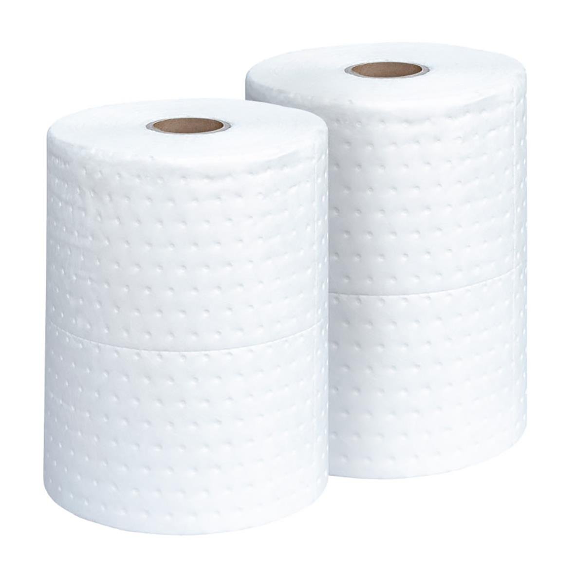 Två vita absorberande oljerullar, 390mm breda och 50m långa