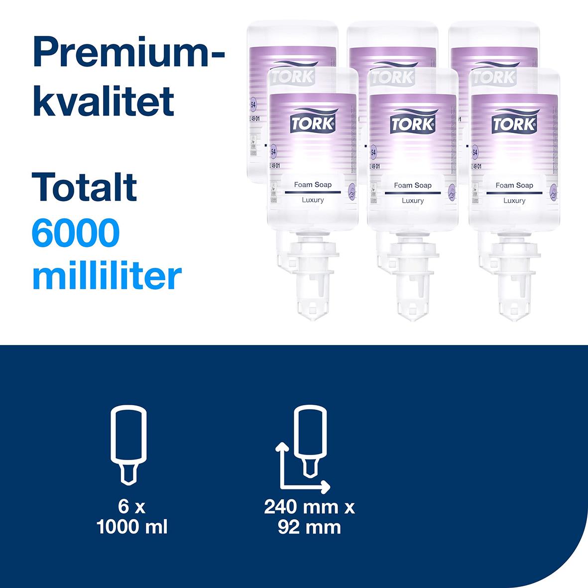 Tre flaskor Tork Luxury skumtvål 1L med pump, total 6000 ml, visar premiumkvalitet