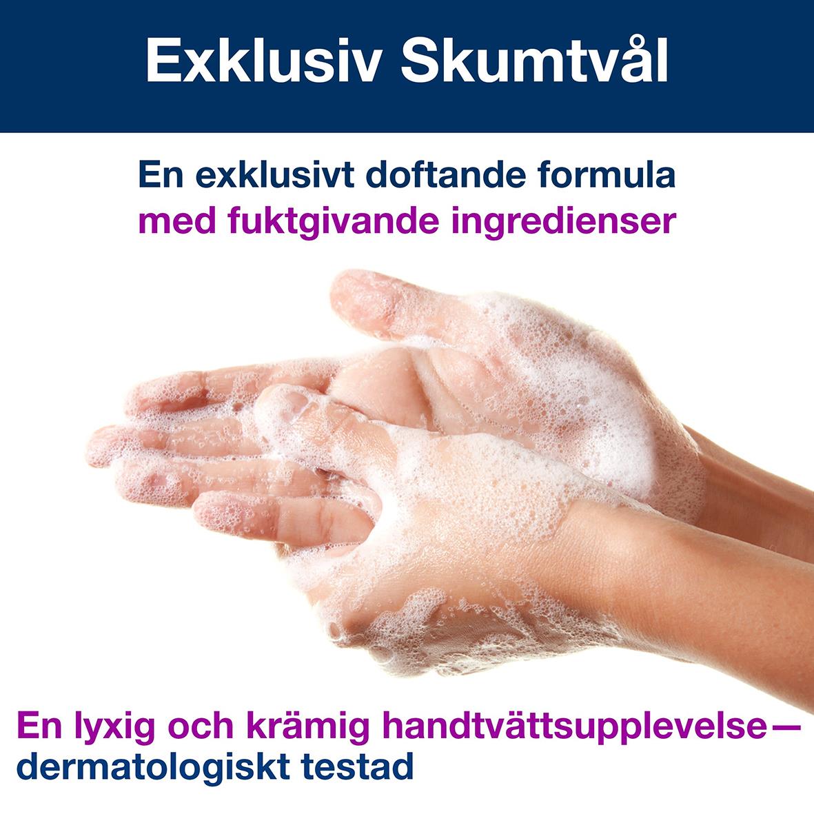 Bild på skumtvål Tork S4 Luxury Parfymerad 1L med text om exklusiv doft och dermatologiskt testad formula