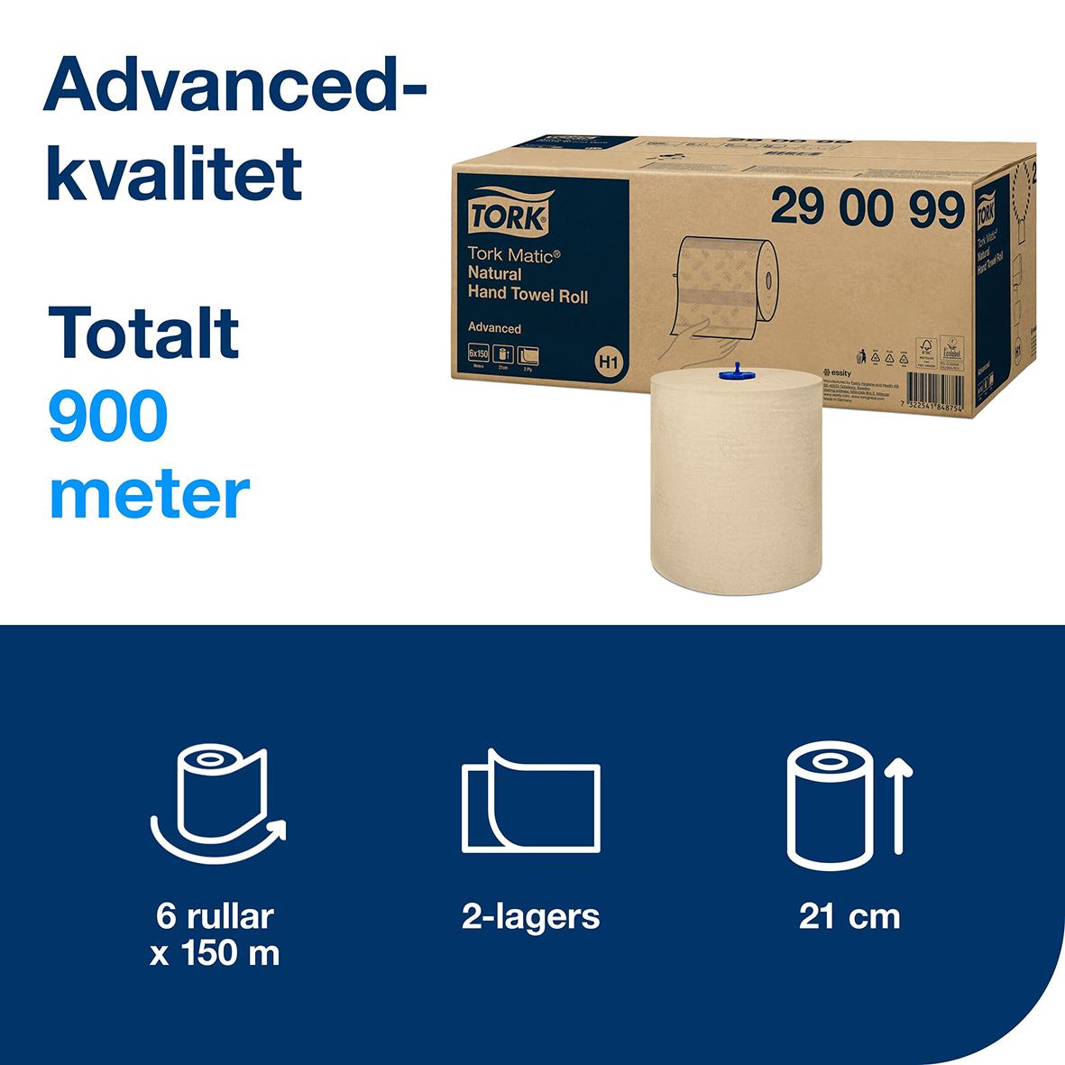 Pappershandduk Tork Matic Adv 2-lagers Natur, 210mm x 150m, 6 rullar, 21 cm bredd, totalt 900 meter
