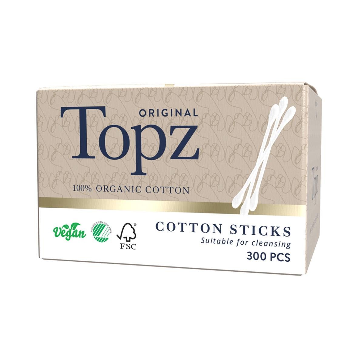 Förpackning med 300 bomullspinnar av ekologisk bomull och papper, märkta som veganska och FSC-certifierade.