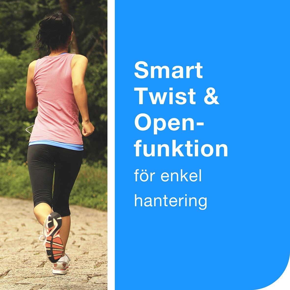 Person joggar utomhus i sommaroutfit med text om Tampong Libresse Normal Refill och smart twist och open-funktion