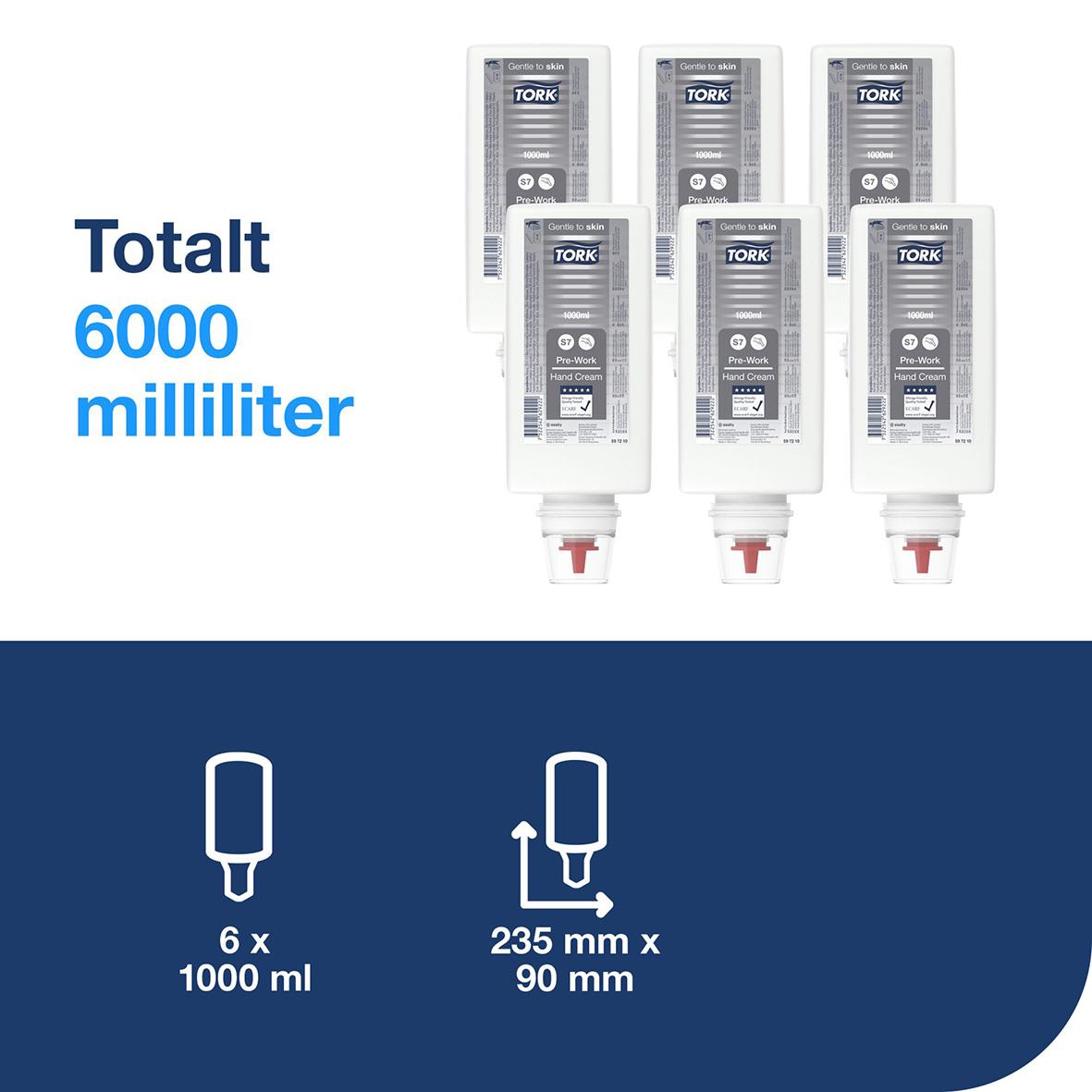 Handkräm Tork Industri Pre-Work S7 1000ml, totalt 6000 ml, 6 enheter, varje 1000 ml, med dispenser