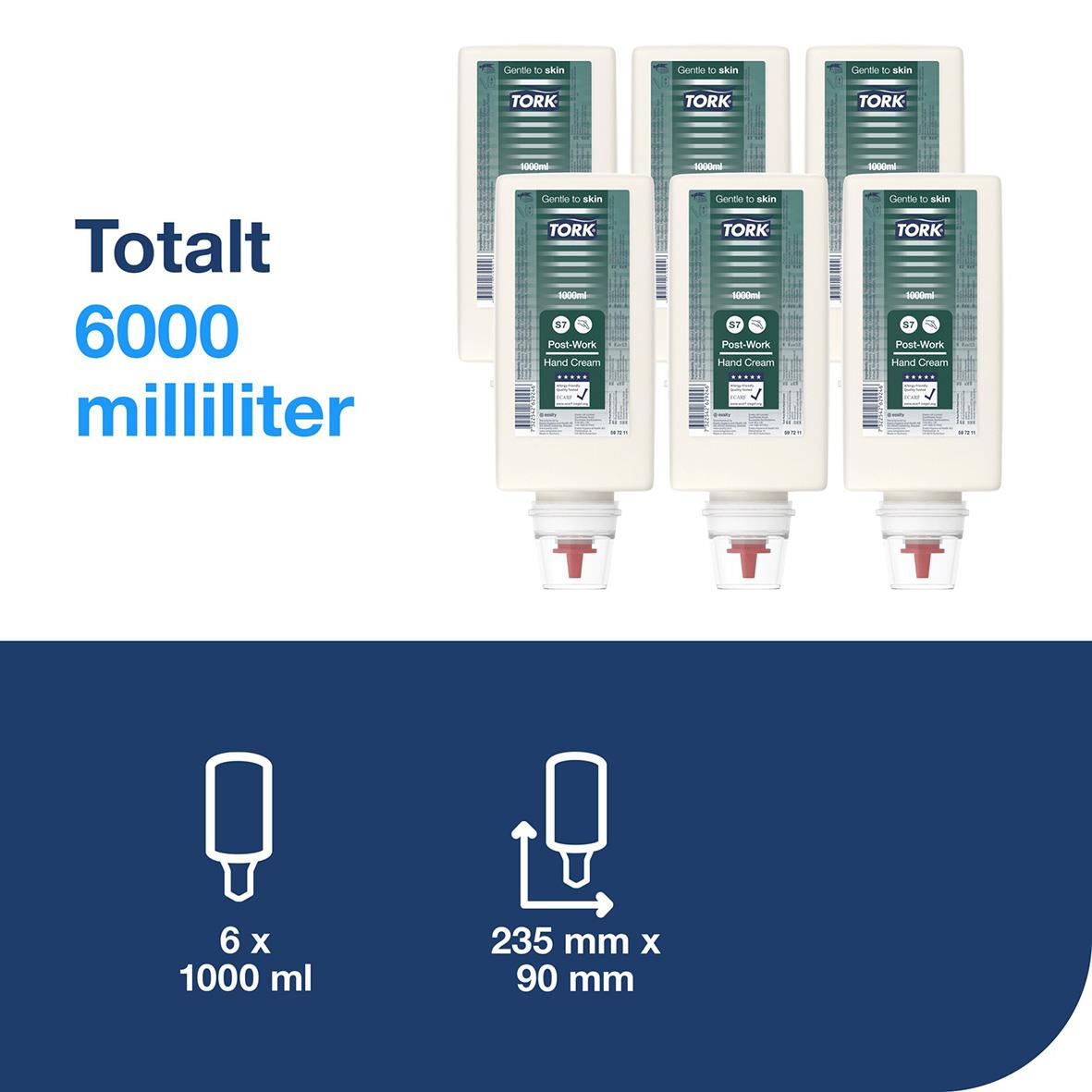 Handkräm Tork Industri Post-Work S7 1000ml, totalt 6000 ml, 6 enheter av 1000 ml, monteringsmått 235 mm x 90 mm